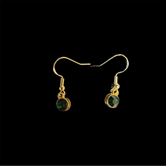 Faux Emerald Wire Hook Earrings in Gold Tone - Picture 2 of 3